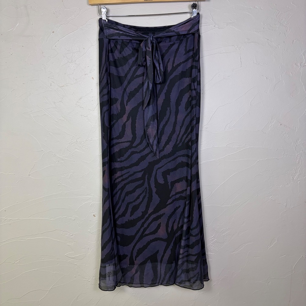Rooscier Zebra Print Mesh Maxi Skirt Womens Large Purple Black Tie Waist Grunge